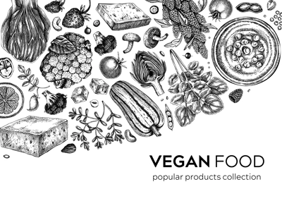 Vegan food background. Healthy food background. Middle eastern cuisine frame. Hand drawn vegan meals and ingredients for menu, recipe, packaging design. Vegetarian food illustration